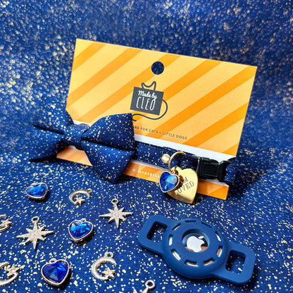 Cat Collar and Flower Set - Starry Night - Gold & Blue Cat Collar w Sky Blue Felt Flower (Detachable) Cat, Kitten and Small Dog Sizes